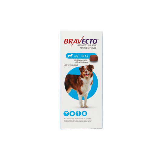 Caja blanca de Bravecto con distintivo azul y la imagen de un perro.