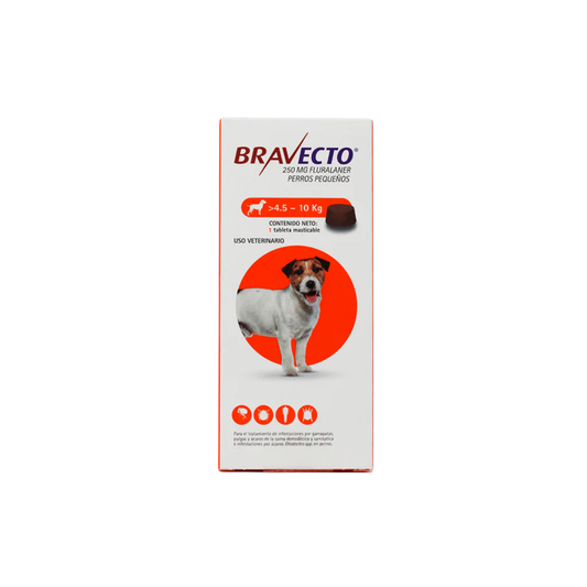 Caja blanca de Bravecto con distintivo naranja y la imagen de un perro pequeño.