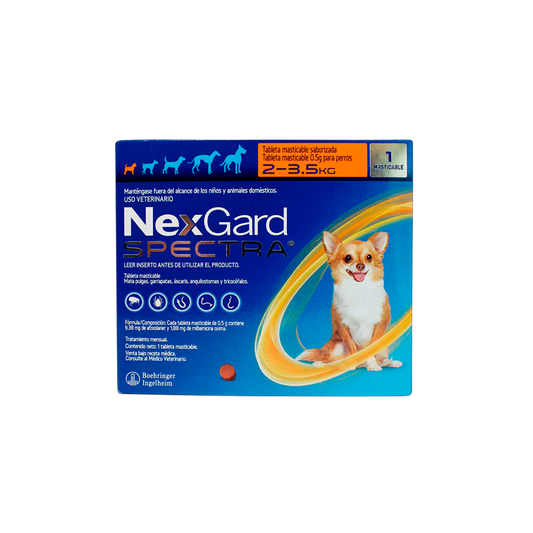 Caja de NexGard Spectra de una tableta, con franja naranja para perros de 2 a 3.5 kg.
