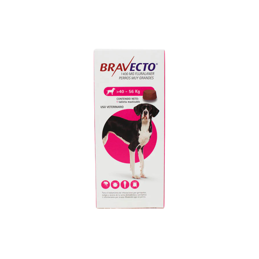 Caja blanca de Bravecto con distintivo rosa y la imagen de un perro grande.