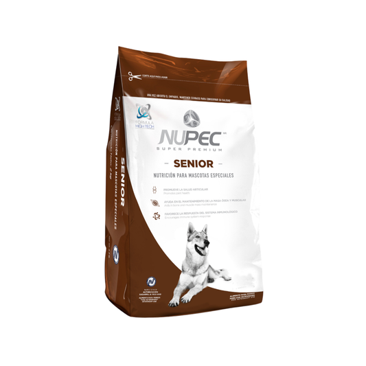 Bolsa blanca y marrón de NUPEC Senior con la imagen de un perro.