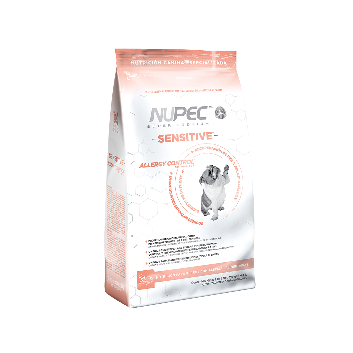 Bolsa blanca y salmón de NUPEC Sensitive con la imagen de un perro.