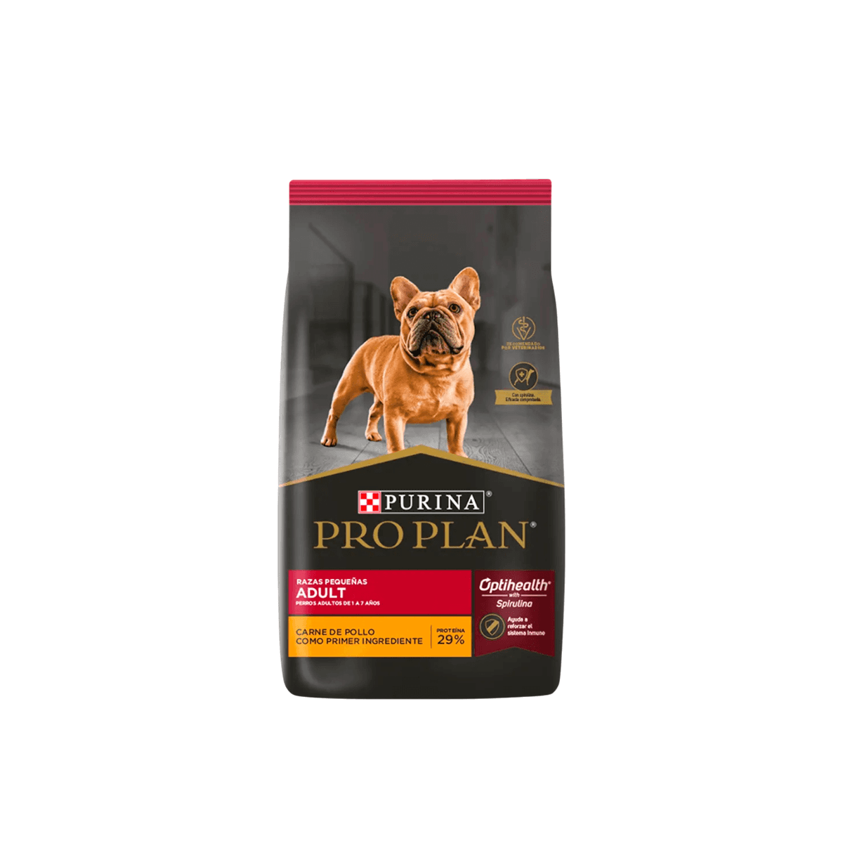 Bolsa de Purina Pro Plan Adult para perros de razas pequeñas, con franja roja y un bulldog francés.