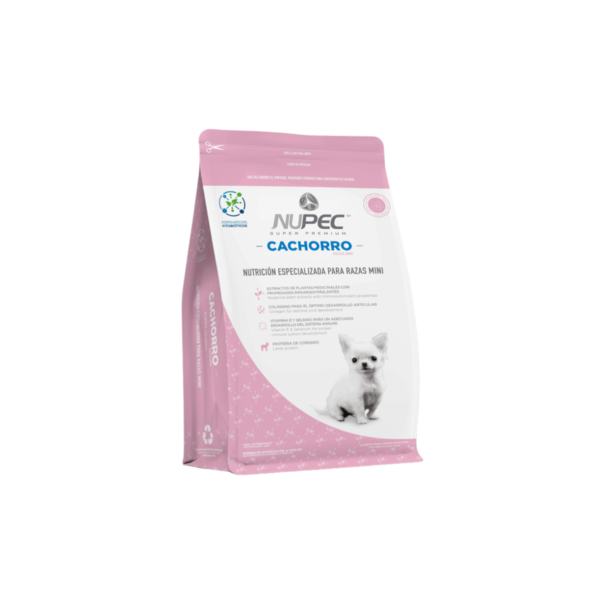 Bolsa rosa y blanca de NUPEC Cachorro Razas Mini con la imagen de un cachorro blanco.