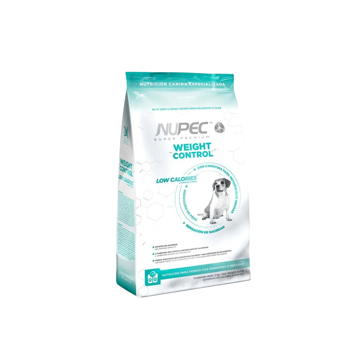 Bolsa blanca y turquesa de NUPEC Weight Control con la imagen de un perro.