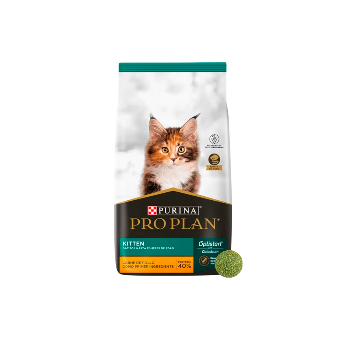 Bolsa de Purina Pro Plan Kitten para gatitos, con franja verde, junto a una esfera verde.