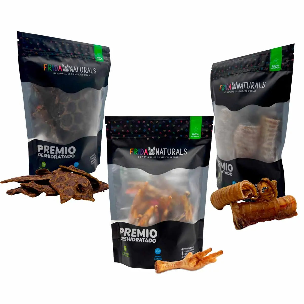 PREMIOS PARA PERROS PATA DE POLLO, PULMON Y TRAQUEA DE RES Frida Naturals