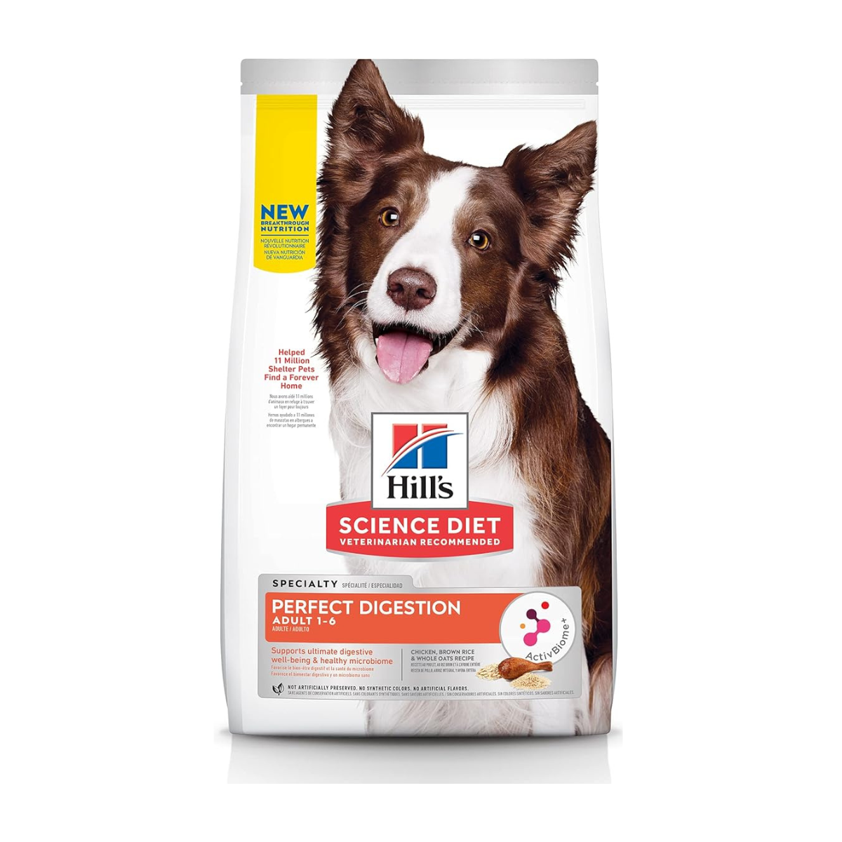 Bolsa de Hill's Science Diet Perfect Digestion Adult para perros, con un perro blanco y marrón en el frente.
