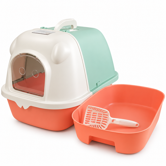 Arenero Frida Pets con bandeja naranja extraída y pala