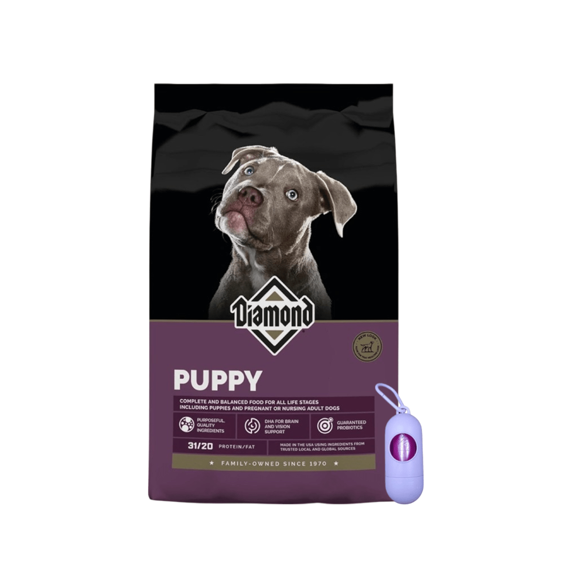 Bolsa de alimento Diamond Puppy para cachorros junto a un dispensador morado de bolsas para paseo