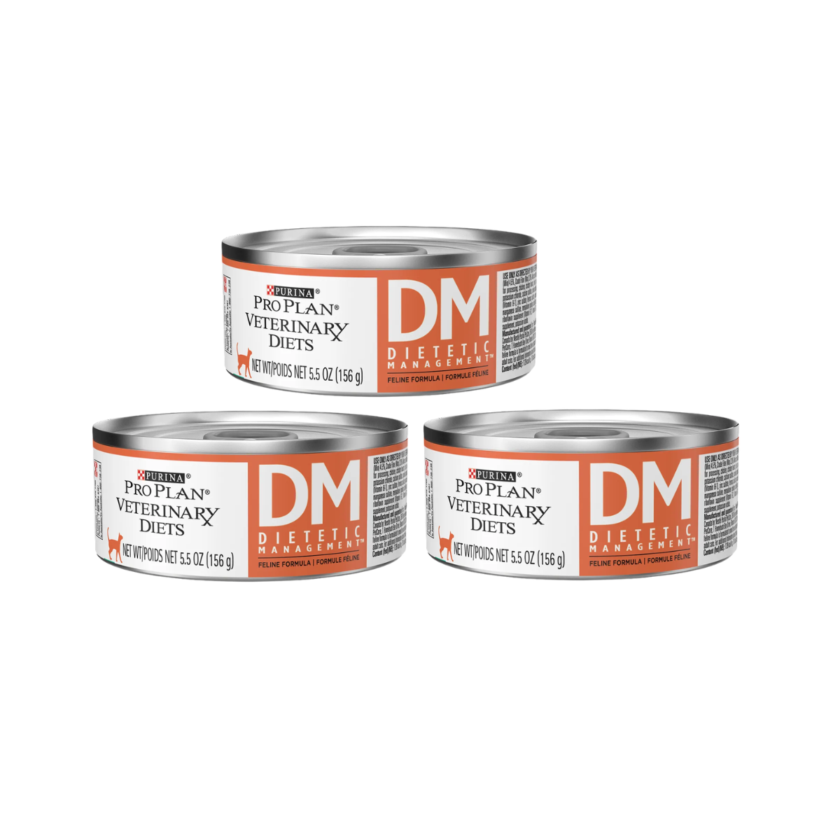 Tres latas de Purina Pro Plan Veterinary Diets DM Dietetic Management para gatos, con etiquetas blancas y naranjas.