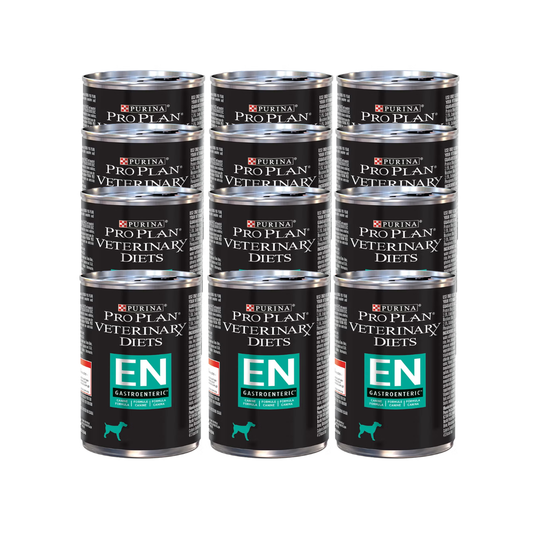Doce latas de Purina Pro Plan Veterinary Diets EN Gastroenteric para perros, dispuestas en cuatro filas.