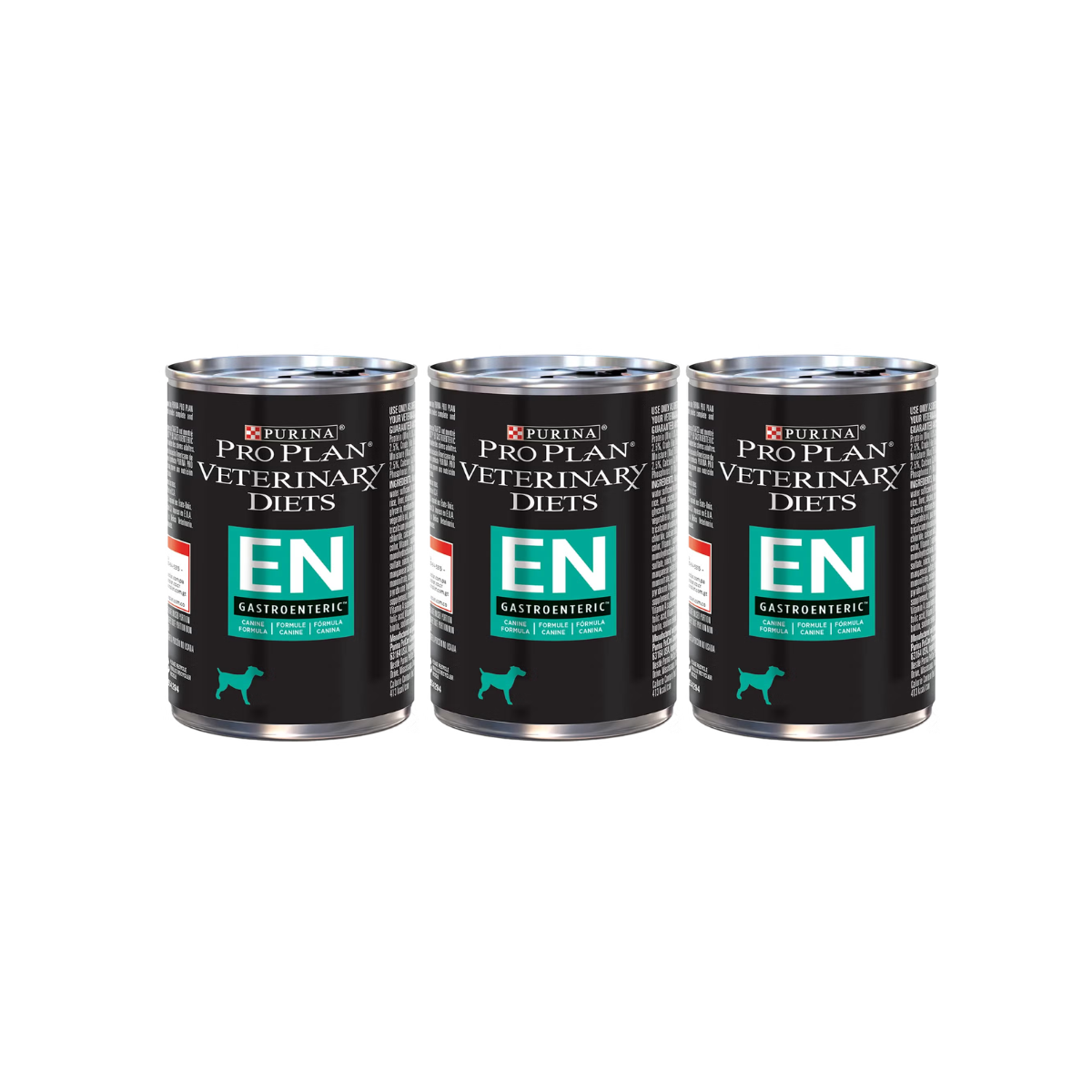 Tres latas de Purina Pro Plan Veterinary Diets EN Gastroenteric para perros, con etiquetas negras y verdes.