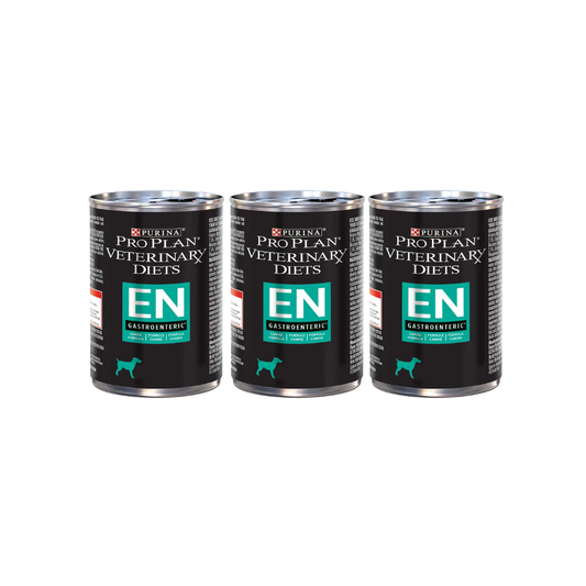 Tres latas de Purina Pro Plan Veterinary Diets EN Gastroenteric para perros, con etiquetas negras y verdes.