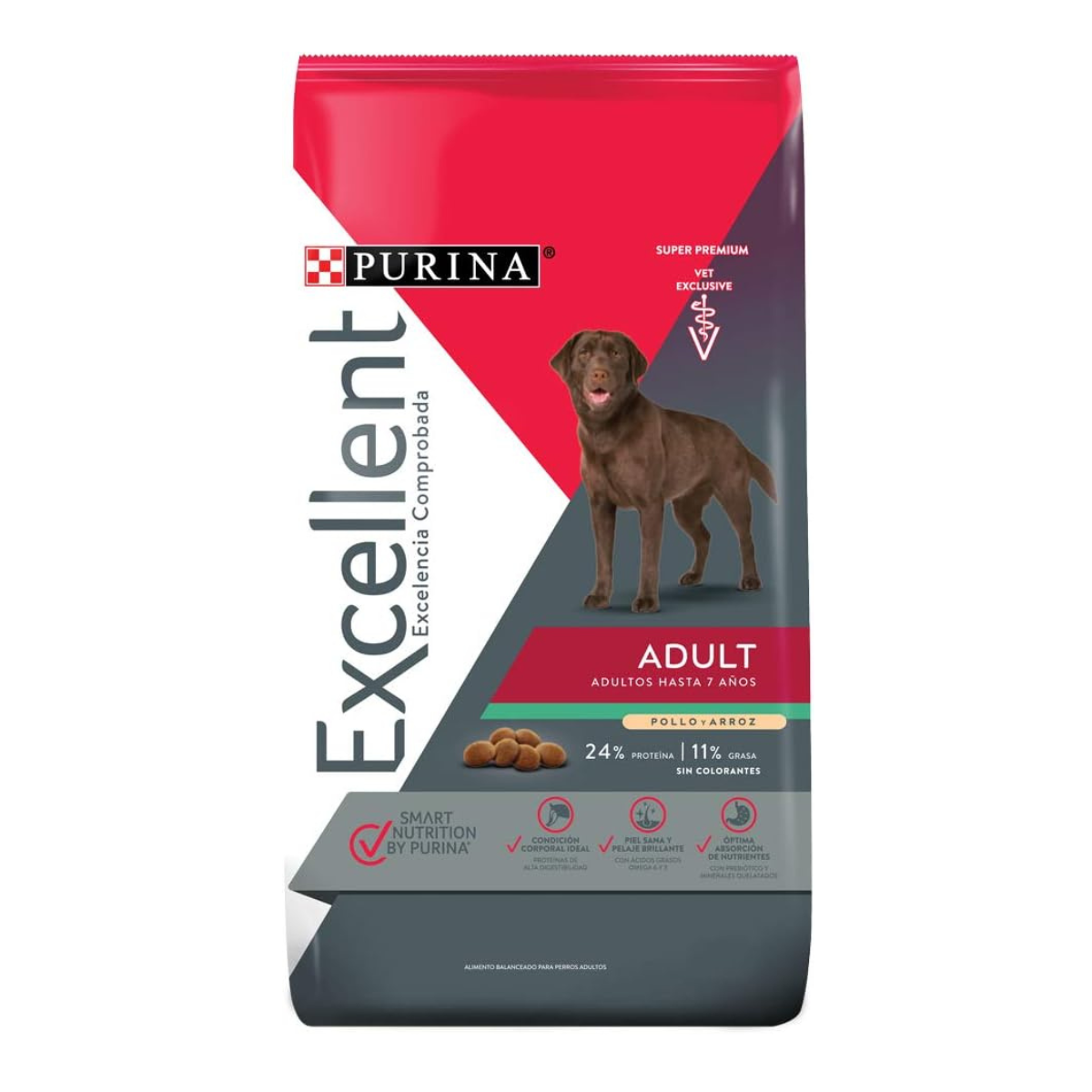 Bolsa de Purina Excellent Adult para perros, roja, blanca y gris, con un perro marrón en el frente.