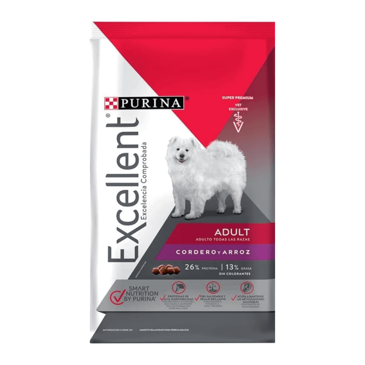 Bolsa de Purina Excellent Adult Cordero y Arroz para perros, con un perro blanco en el frente.