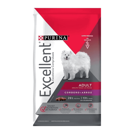 Bolsa de Purina Excellent Adult Cordero y Arroz para perros, con un perro blanco en el frente.