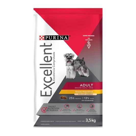 Bolsa de Purina Excellent Adult para perros de razas pequeñas, roja, blanca y gris, con un schnauzer.