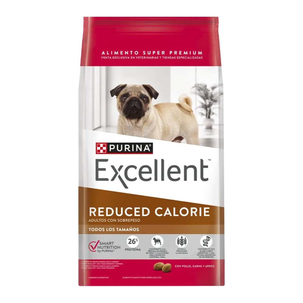 Bolsa roja y blanca de Purina Excellent Reduced Calorie para perros, con etiqueta marrón y un pug.