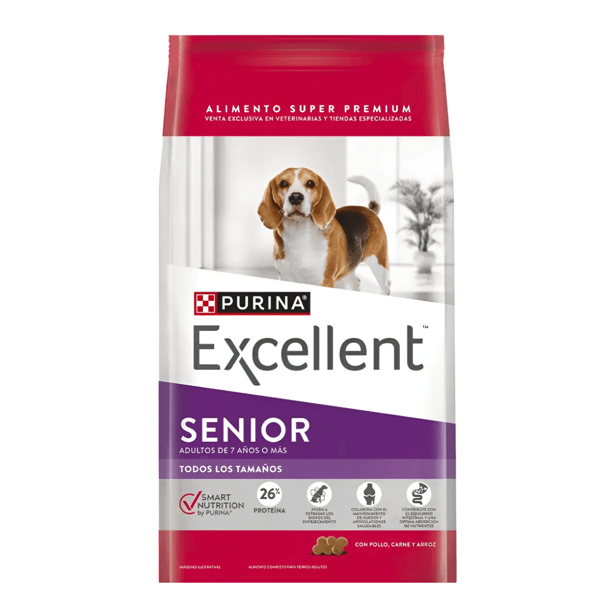 Bolsa roja y blanca de Purina Excellent Senior para perros, con etiqueta morada y un beagle.