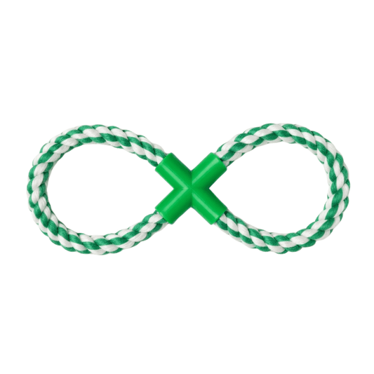 Mordedera de cuerda trenzada verde y blanca en forma de infinito, con unión central verde.