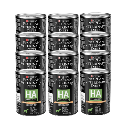 Doce latas de Purina Pro Plan Veterinary Diets HA Hydrolyzed para perros, dispuestas en cuatro filas.