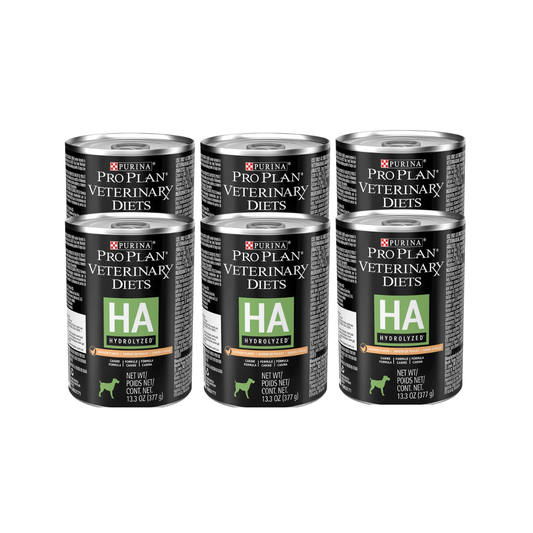 Seis latas de Purina Pro Plan Veterinary Diets HA Hydrolyzed para perros, dispuestas en dos filas.