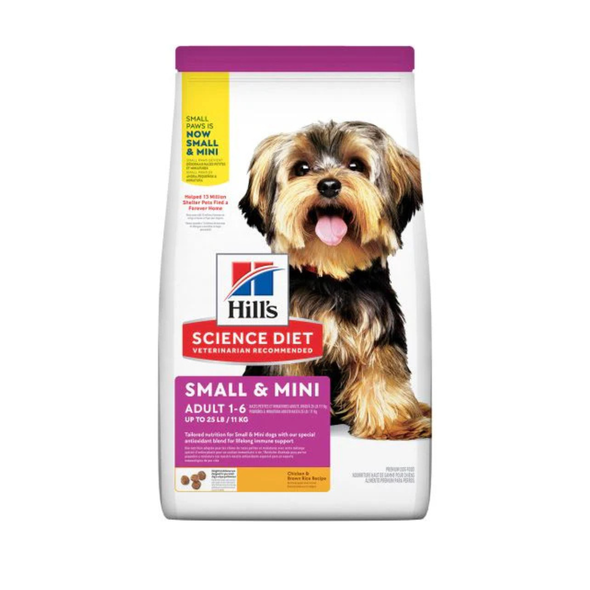 Bolsa de Hill's Science Diet Small & Mini Adult 1-6 para perros, con franja morada y un perro pequeño.
