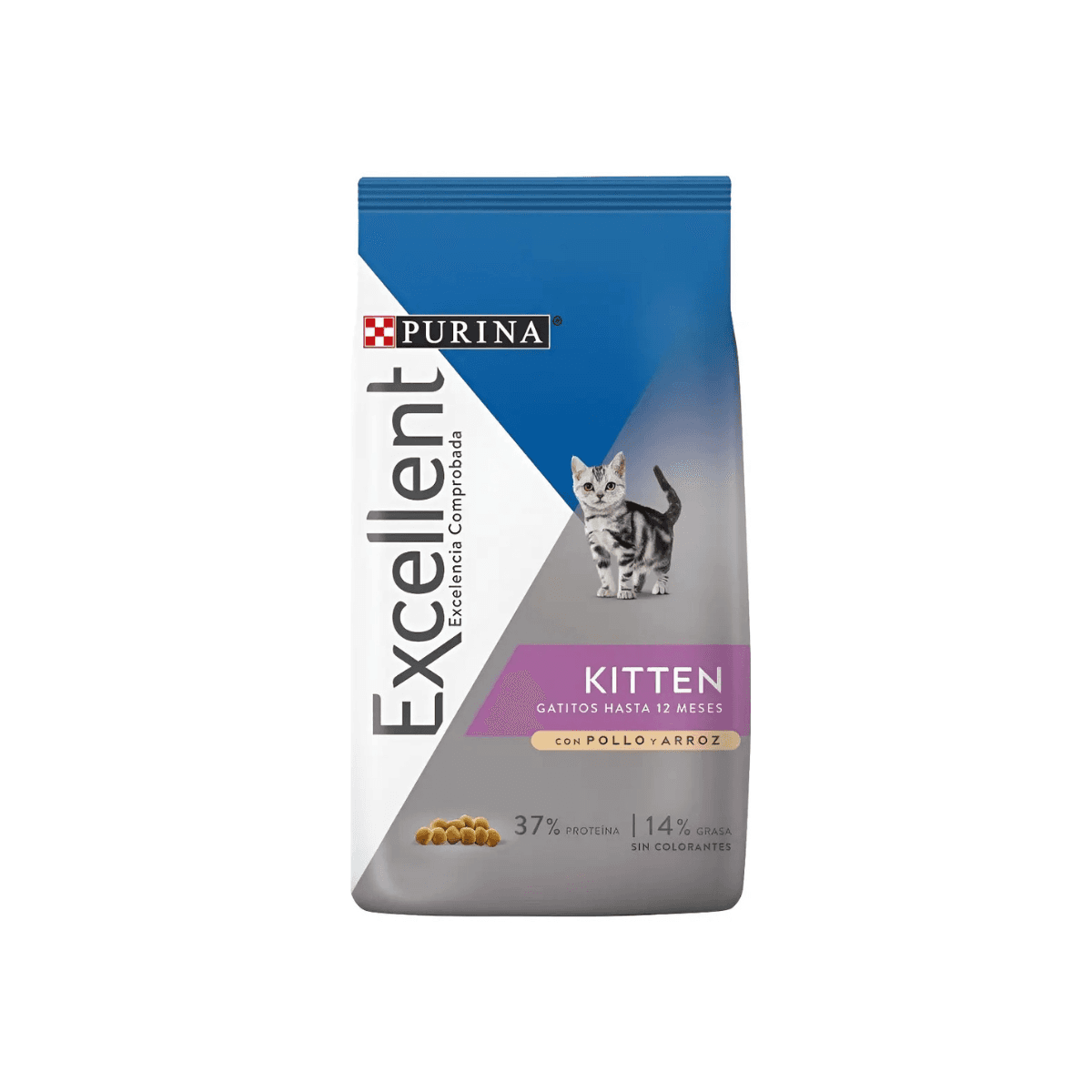 Bolsa azul y gris de Purina Excellent Kitten para gatitos, con un gatito gris en el frente.