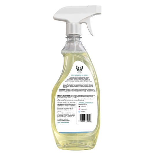Etiqueta posterior del neutralizador Frida Pets con ingredientes, modo de uso y precauciones