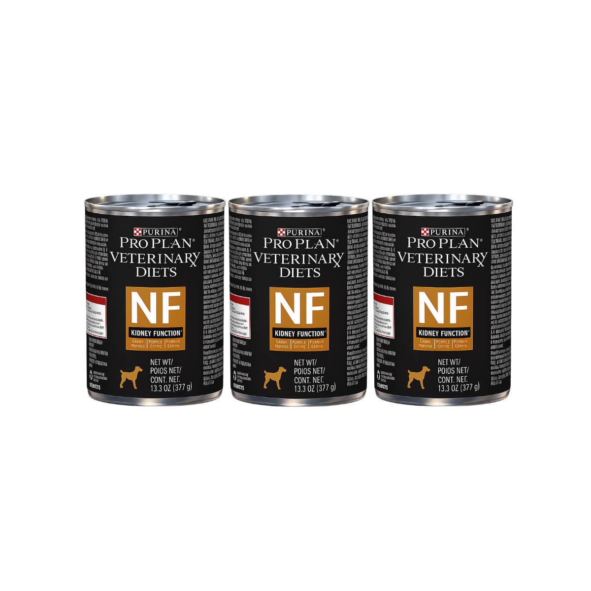Tres latas de Purina Pro Plan Veterinary Diets NF Kidney Function para perros, con etiquetas negras y doradas.