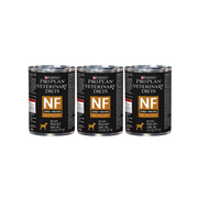 Tres latas de Purina Pro Plan Veterinary Diets NF Kidney Function para perros, con etiquetas negras y doradas.