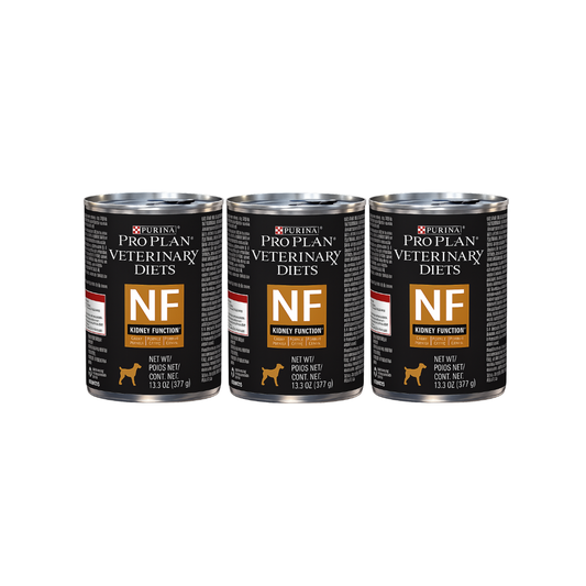 Tres latas de Purina Pro Plan Veterinary Diets NF Kidney Function para perros, con etiquetas negras y doradas.