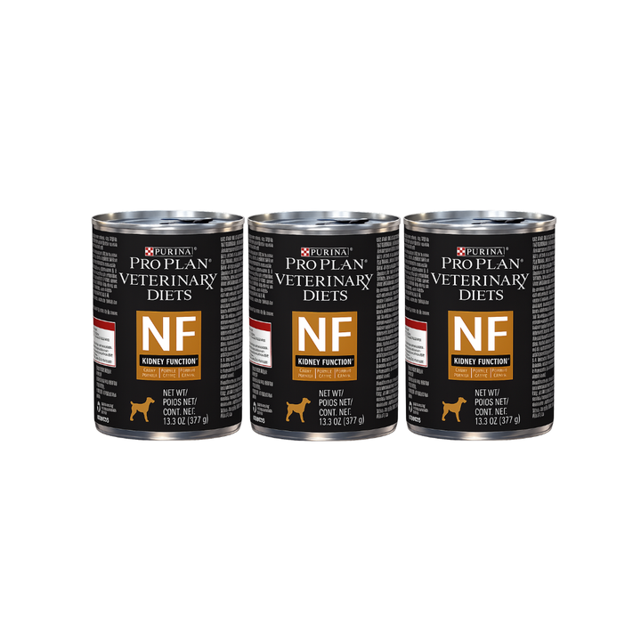 Tres latas de Purina Pro Plan Veterinary Diets NF Kidney Function para perros, con etiquetas negras y doradas.