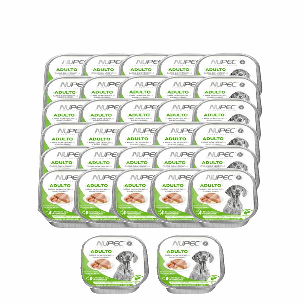 Paquete de 32 charolas de alimento húmedo Nupec Adulto para perros.
