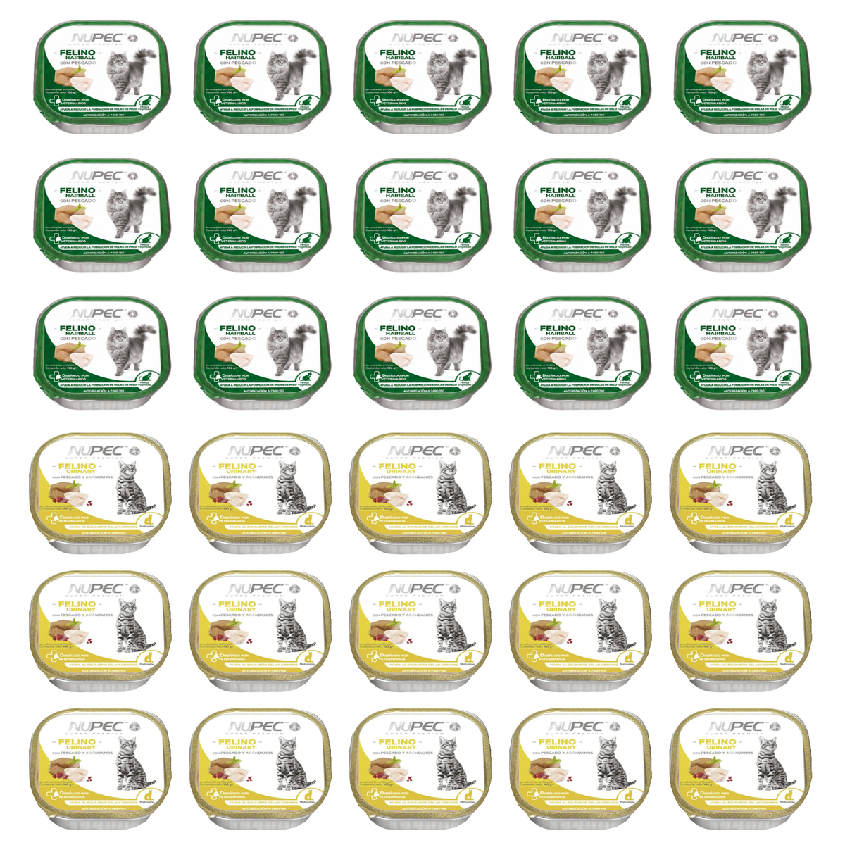 Paquete de 30 charolas NUPEC Felino: 15 Hairball con etiqueta verde y 15 Urinary con etiqueta amarilla.