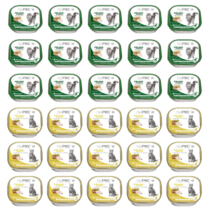 Paquete de 30 charolas NUPEC Felino: 15 Hairball con etiqueta verde y 15 Urinary con etiqueta amarilla.
