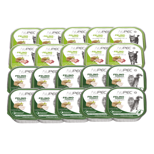 Charolas NUPEC Felino Indoor y Hairball con etiquetas en dos tonos de verde.