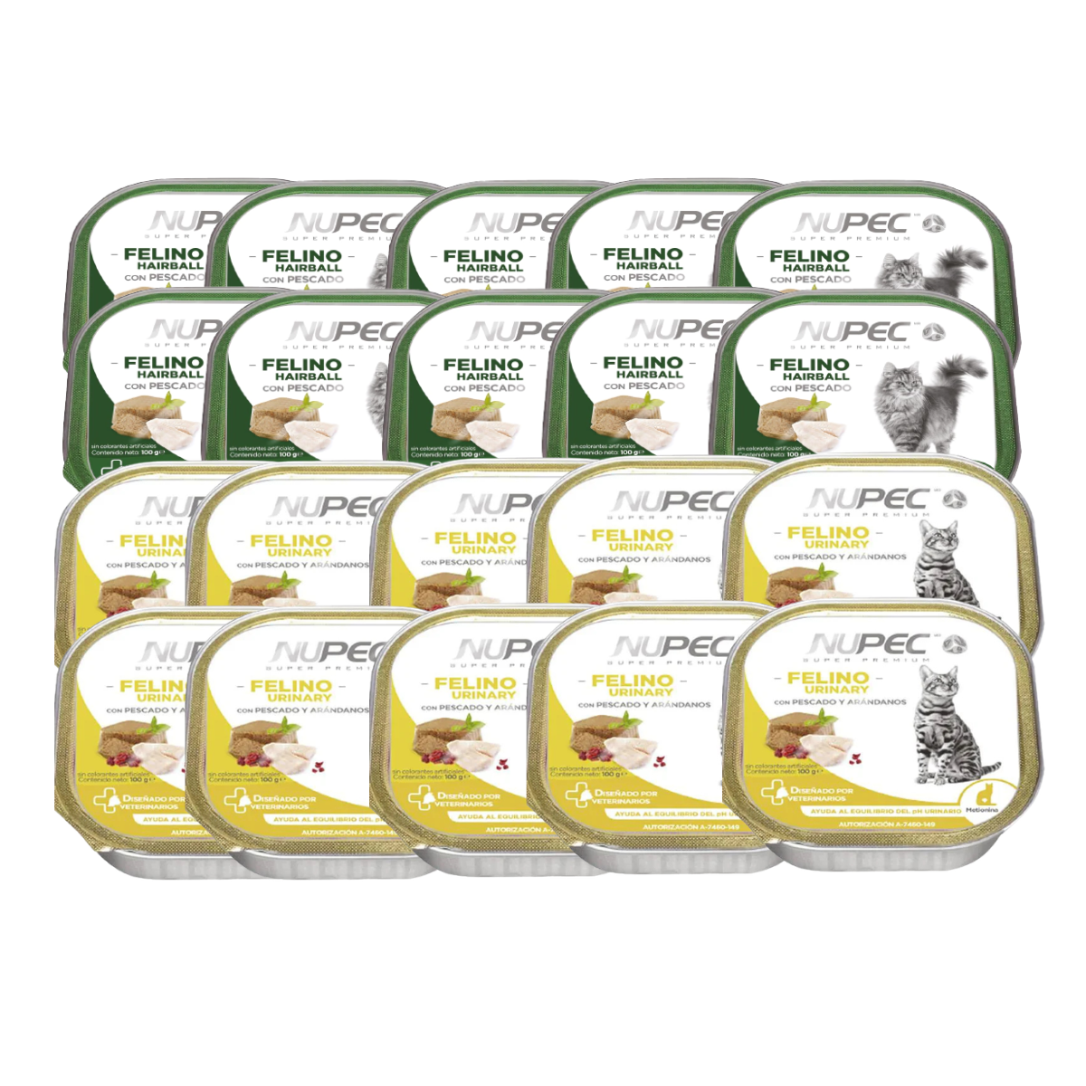 Charolas de alimento húmedo NUPEC Felino Hairball y Urinary con etiquetas verdes y amarillas.