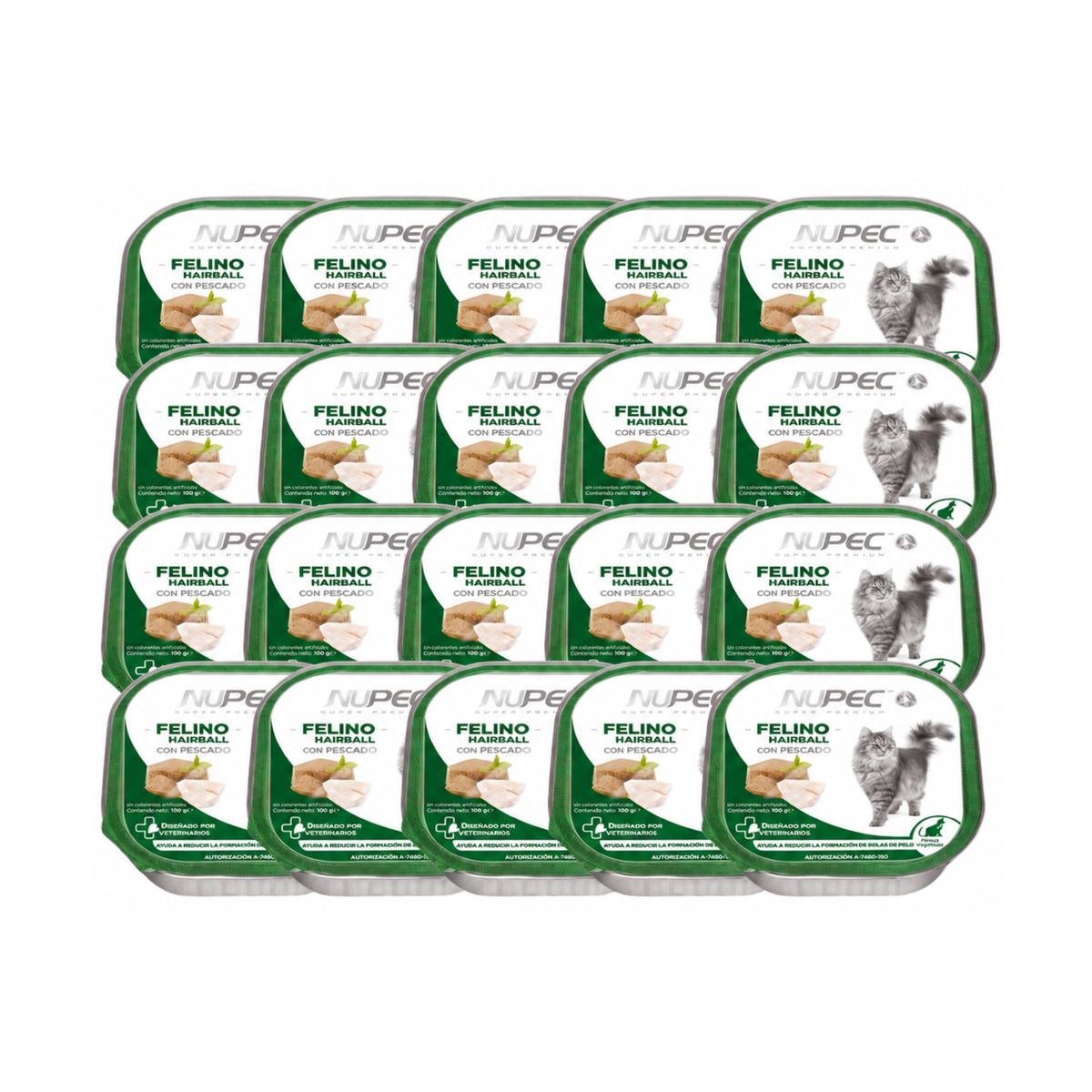 Charolas de alimento húmedo NUPEC Felino Hairball con etiquetas verdes, dispuestas en filas.