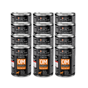 Doce latas de Purina Pro Plan Veterinary Diets OM Overweight Management para perros, dispuestas en cuatro filas.