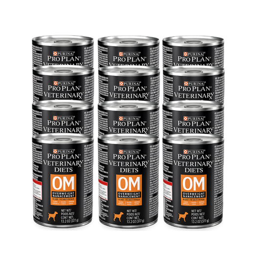 Doce latas de Purina Pro Plan Veterinary Diets OM Overweight Management para perros, dispuestas en cuatro filas.