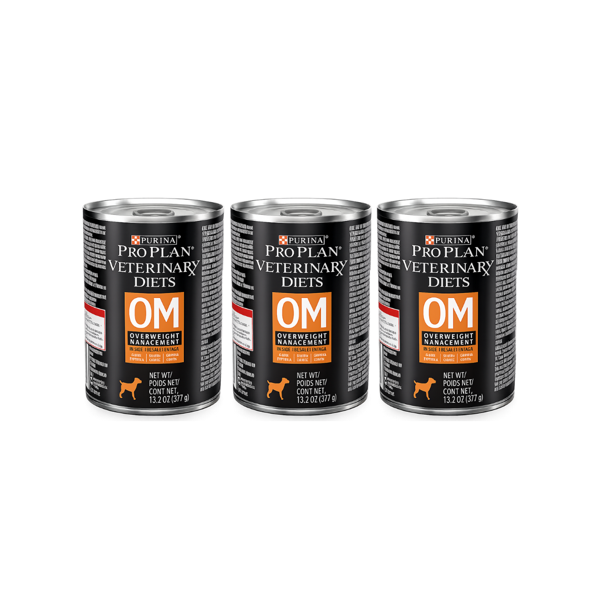 Tres latas de Purina Pro Plan Veterinary Diets OM Overweight Management para perros, con etiquetas negras y naranjas.