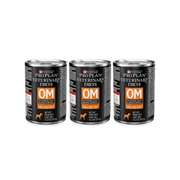 Tres latas de Purina Pro Plan Veterinary Diets OM Overweight Management para perros, con etiquetas negras y naranjas.