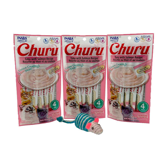 PAQUETE 12 PZ DE PREMIOS CHURUS PARA GATO ATÚN CON SALMON + REGALO - FridaPets - Gato - Alimento - Húmedo - INABA