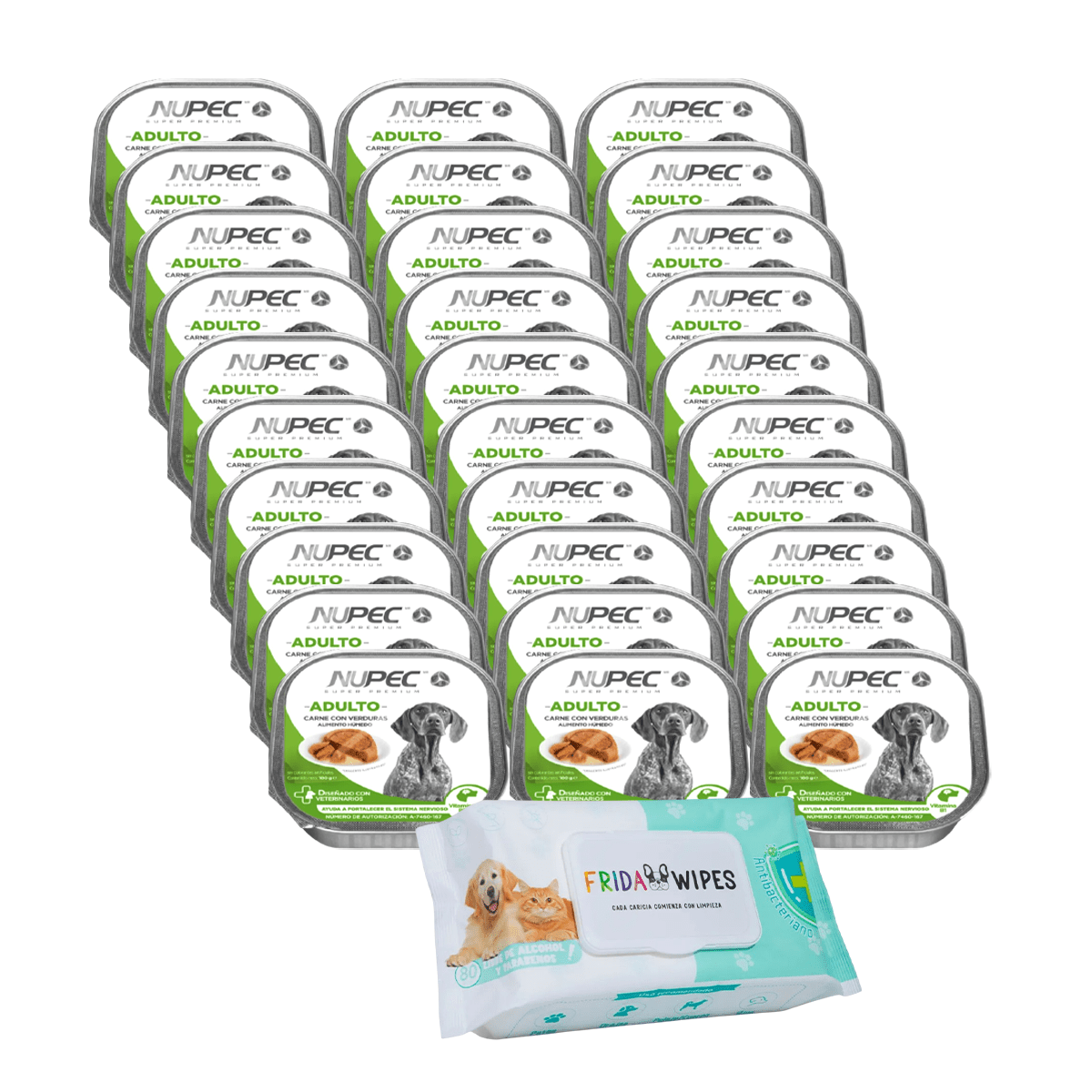 PAQUETE 32 PZ NUPEC ALIMENTO HUMEDO ADULTO +TOALLITAS HUMEDAS PARA MASCOTAS FRIDA WIPES - FridaPets - Perro - Alimento - Húmedo - Nupec