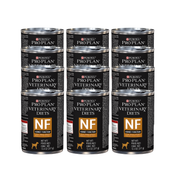 Doce latas de Purina Pro Plan Veterinary Diets NF Kidney Function para perros, dispuestas en cuatro filas.
