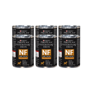 Seis latas de Purina Pro Plan Veterinary Diets NF Kidney Function para perros, dispuestas en dos filas.