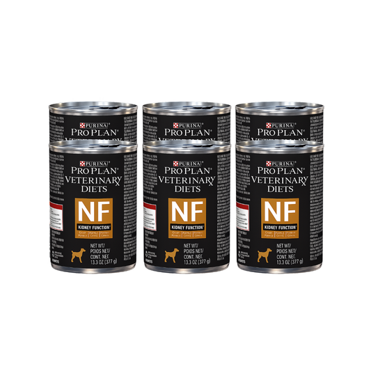 Seis latas de Purina Pro Plan Veterinary Diets NF Kidney Function para perros, dispuestas en dos filas.