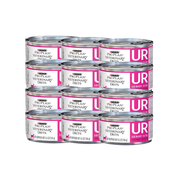 Doce latas de Purina Pro Plan Veterinary Diets UR Urinary St/Ox para gatos, dispuestas en cuatro filas.